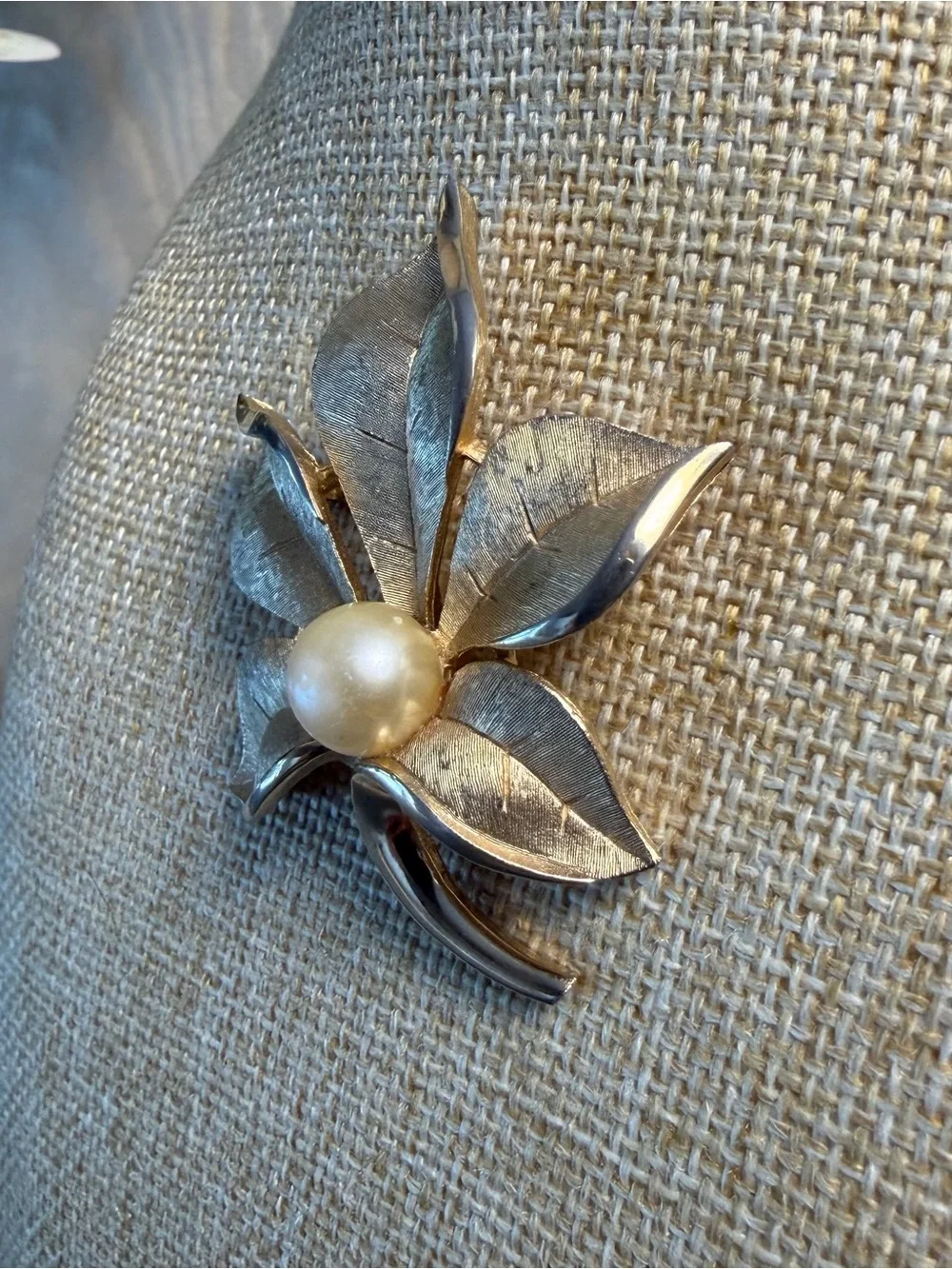 Vintage signed Crown Trifari Brushed Gold-tone Faux Pearl Flower Leaf Brooch Pin